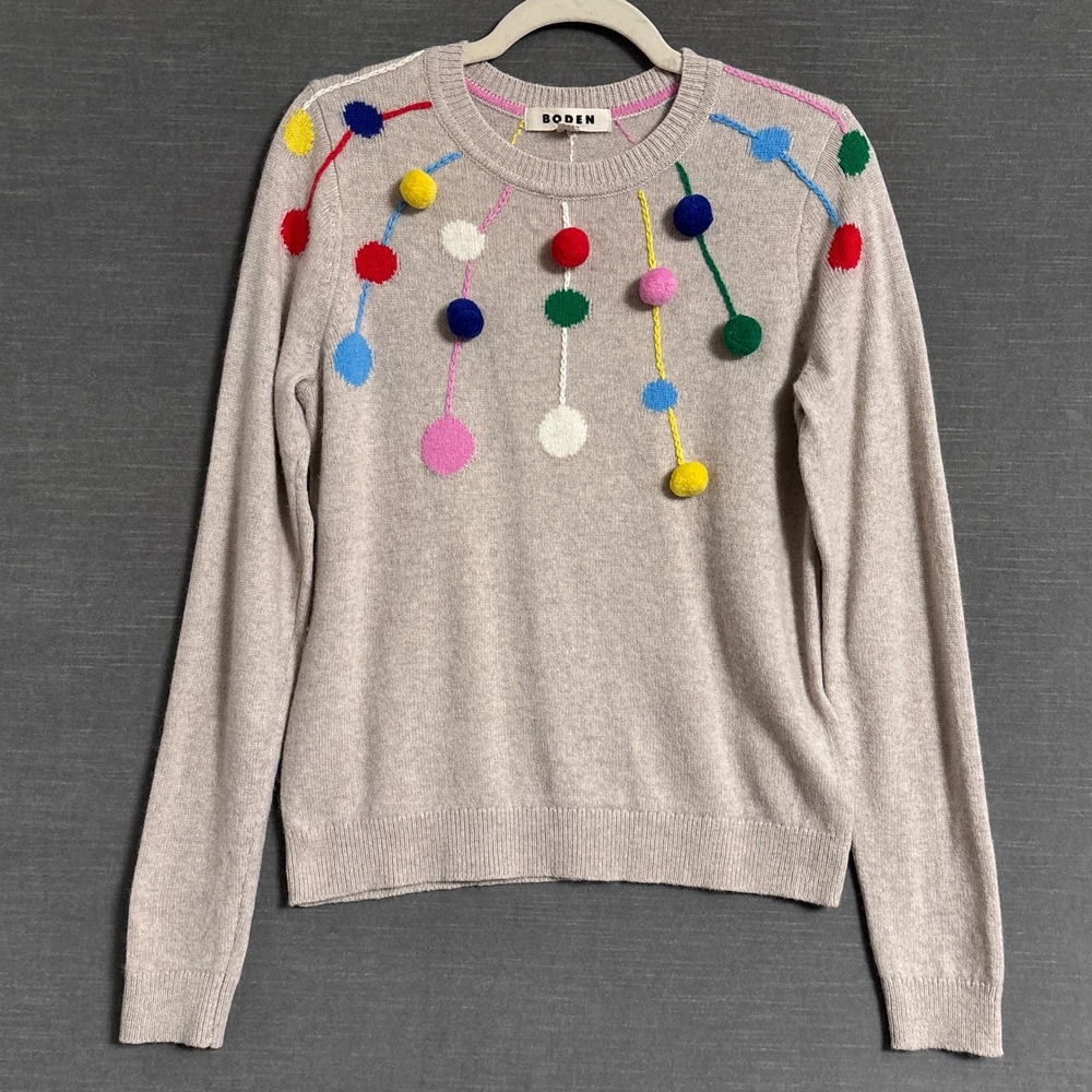 Boden Sweater S Tan Beige Wool Cotton Alpaca Pom Pom Embroidered Crew Holiday